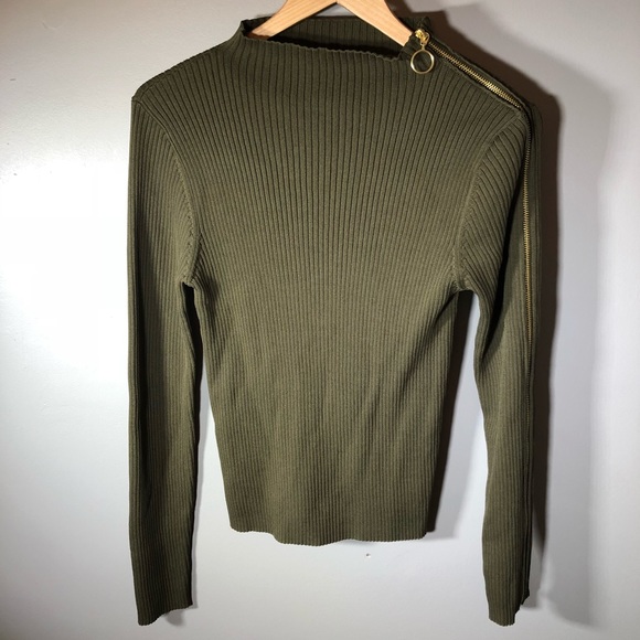 NWT TopShop Zip Sleeve Funnel Neck Sweater Olive - Picture 3 of 8